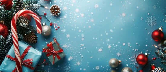 Poster - A festive Christmas candy cane surrounded by gifts, ornaments, and a Christmas tree on a blue background, symbolizing the holiday season with winter elements in a top-down view with room for text or