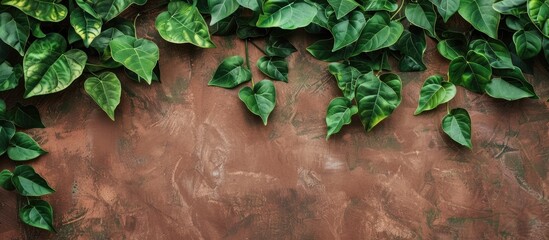 Wall Mural - A brown wall serves as a backdrop for lush green leaves with ample copy space in the image.