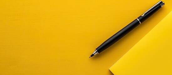 Fototapete - Mockup with a pen on a yellow background featuring an empty white paper sheet for copy space image.