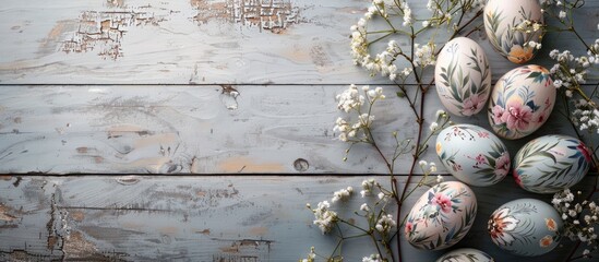 Aufkleber - Gray wooden background adorned with Easter eggs featuring floral designs, providing copy space image.