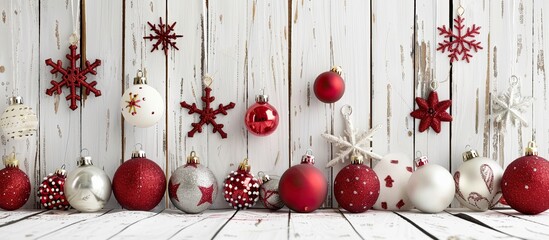 Aufkleber - Christmas decorations displayed against a white wooden backdrop, with ample copy space image available.