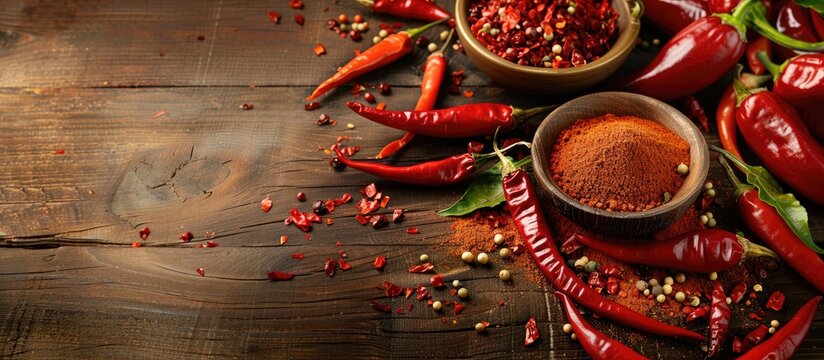Table background with a variety of chili powder, fresh, and dried peppers set up, allowing ample copy space image.