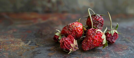 Poster - A bunch of dried strawberries sits on the table with copy space image available.