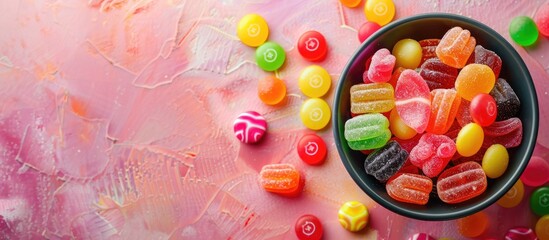 Poster - Colorful candies in a bowl against a vibrant backdrop, depicting a festive theme. View from above featuring copy space image.