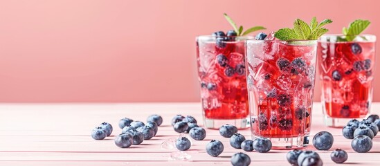 Poster - A classy summer beverage display featuring vibrant red drinks with ice, blueberries, and mint on a trendy pastel pink backdrop with a white wooden table, allowing for copy space image.