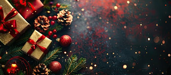 Poster - Festive background with wishes for Christmas and New Year, showcasing winter holiday discounts and end-of-year shopping sales with a copy space image.