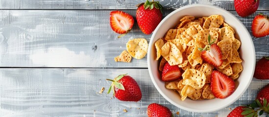 Aufkleber - Cornflakes with fresh strawberries are a nutritious and delicious option for a summer snack or dessert, ideal for fitness enthusiasts. Perfect for a copy space image.