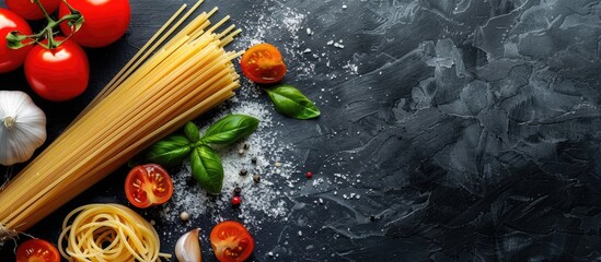Aufkleber - Top view of raw spaghetti on a black stone table with tomato, garlic, and basil, allowing for copy space image.