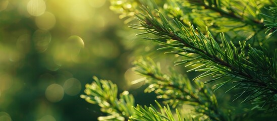 Fototapete - Capture a close-up view of fresh green coniferous tree shoots basking in the sunlight of a summery day, against a blurred backdrop of coniferous needles, with available copy space in the image.