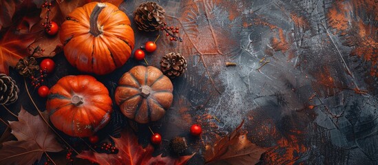 Aufkleber - Thanksgiving-themed setup with pumpkins, leaves, and decorations on a textured table. Offers a close-up view from the top, ideal for text placement, with plenty of visible copy space image.
