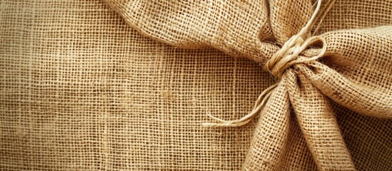 Leinwandbilder - Bright fabric textile with jute bagging ribbon on a natural linen background, featuring copy space image.
