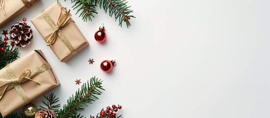Aufkleber - Top view of a Christmas-themed setup with a fir tree, gift box, and decorations on a white background, ideal for adding text or other elements - a perfect copy space image.
