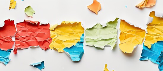 Leinwandbilder - Various colorful torn paper pieces on a white background for advertising message, incorporating a copy space image.