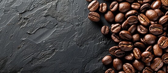 Wall Mural - Close-up coffee beans on a wooden board with copy space image; coffee on a black shabby table.