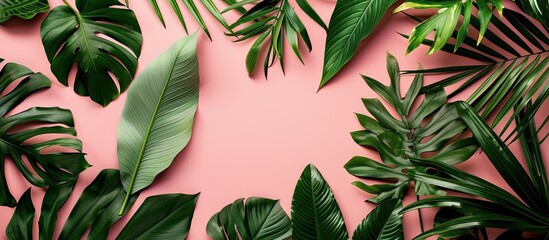 Fototapete - Vibrant tropical leaves on a pink background with copy space image for a tropical-themed flat lay.
