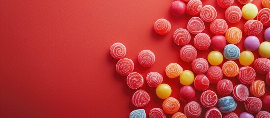 Poster - Vibrant circular candy on a red backdrop with ample copy space image.