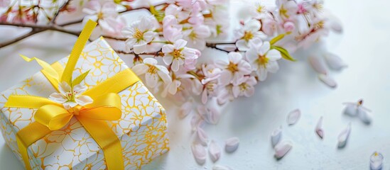 Aufkleber - Colorful gift box with a yellow and golden ribbon bow, adorned with cherry blossom sakura flowers, displayed on a table with a white background for a copy space image.