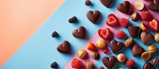 Aufkleber - Heart-shaped chocolate sweets with fruits and nuts displayed on a colorful backdrop in a top-down view, presenting a holiday-themed copy space image.