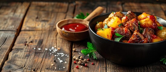 Sticker - A black bowl holds boiled potatoes and meat with seasonings on a wooden table. Ketchup, salt, and pepper are placed against an old background with copy space image nearby.