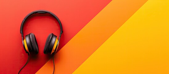 Wall Mural - Technology concept with a headphone or headset displayed on a vibrant yellow and orange backdrop in a copy space image.