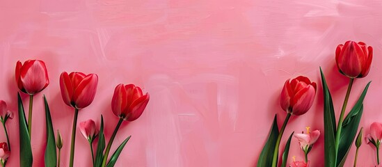 Aufkleber - Top view of red tulips on a pink surface with space for text or other images. Copy space image. Place for adding text and design
