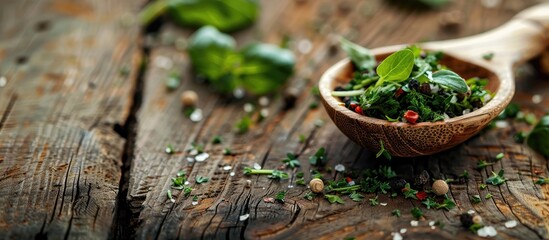Aufkleber - Wooden spoon holding food herb seasoning as a kitchen ingredient on a wooden table with copy space image.