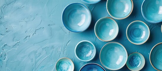 Poster - Light blue background with empty ceramic bowls, providing plenty of copy space for text.