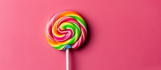 Poster - Minimalistic concept with a colorful lollipop in a flat lay composition, offering abundant copy space for images.