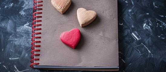 Poster - Copy space image of heart shapes on a blank notepad against a dark backdrop.