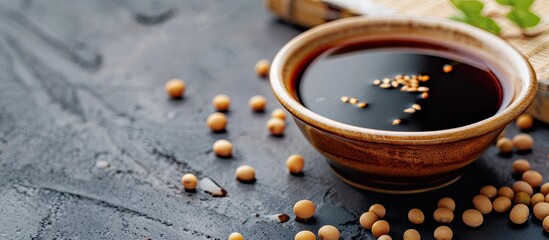 Wall Mural - Japanese soy sauce and uncooked soybeans in a copy space image.