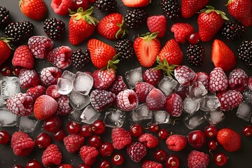 Wall Mural - Assorted Fresh and Frozen Berries with Ice Cubes - Vibrant Summer Fruits for Refreshing Recipes