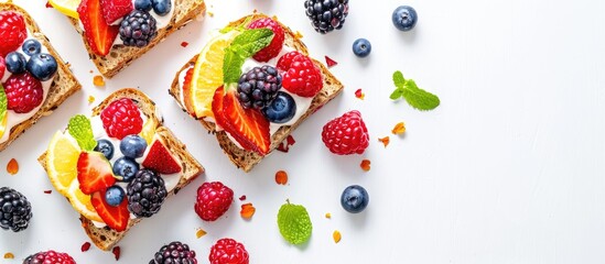 Poster - Delicious homemade sandwich featuring fresh berry fruits on a white background with copy space image.