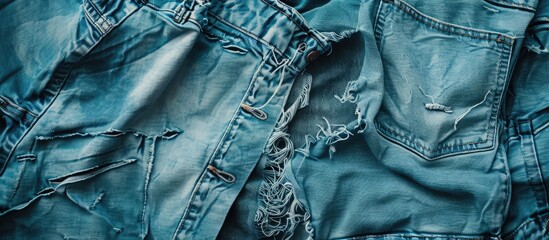 Aufkleber - Ripped denim jeans with a worn-out look provide a trendy touch to a casual outfit, ideal for a stylish, modern appeal in a copy space image.