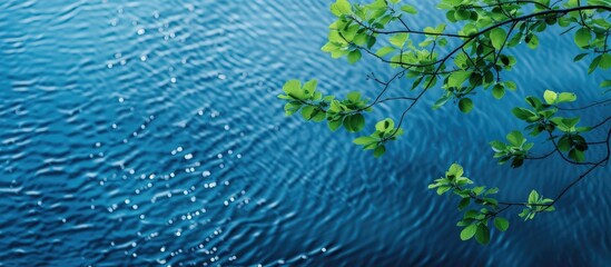 Canvas Print - Tree with green leaves against a backdrop of rippling blue water, providing a serene copy space image.