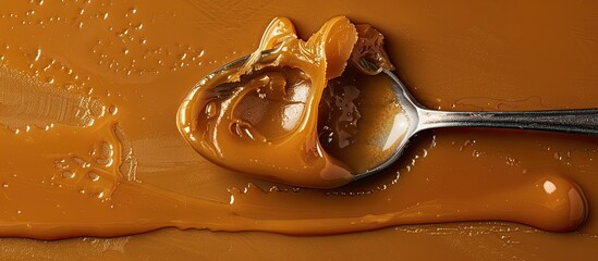 Wall Mural - Close-up shot of a spoon scooping up delicious salted caramel, with a blank area for adding text or images (copy space image).