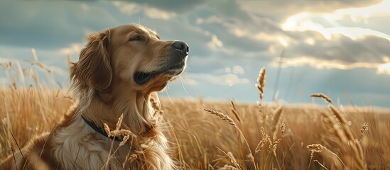 Poster - A golden retriever dog enjoying a lovely meadow under a cloudy sky, with space for a picture. Copy space image. Place for adding text and design