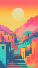 Wall Mural - Village with Risograph architecture staircase landscape.