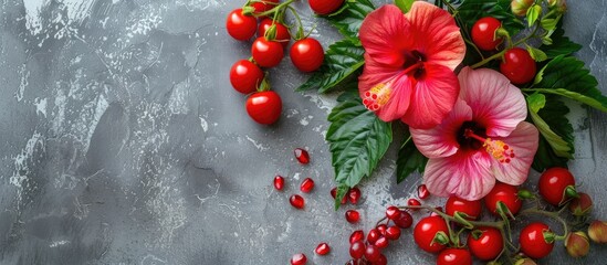Wall Mural - Hibiscus flowers and cherry tomatoes arranged on a gray surface, with space for text or graphics in the image. Copy space image. Place for adding text and design