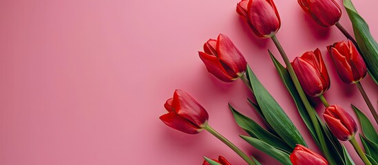 Aufkleber - Top view of red tulips on a pink surface with space for text or other images. Copy space image. Place for adding text and design
