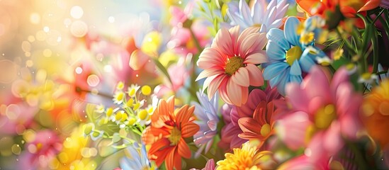 Poster - Spring-themed greeting card featuring a colorful flower-filled background, ideal for conveying the joyful essence of the season.adorning the copy space image.