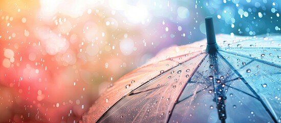 Wall Mural - Transparent umbrella with water droplets in rainy weather, featured in a copy space image.