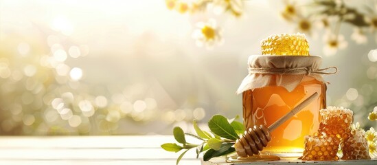 Aufkleber - Jar of honey and honeycombs displayed on a bright table with available copy space image.