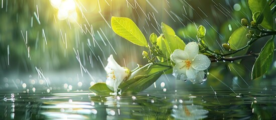 Wall Mural - Gorgeous white flower and branch on a green water backdrop with sunlight, Lovely nature image in the rainy season with selective focus, perfect for copy space image.