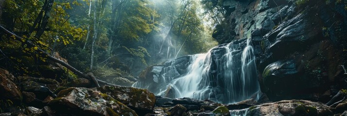 Wall Mural - A powerful waterfall crashes down rugged rocks in a deep forest, bathed in soft sunlight