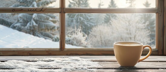 Wall Mural - Scandinavian-style coffee cup placed by a large window with a view, ideal for copy space image.