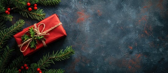 Poster - Red Christmas present and green fir branches arranged on a rustic background, ideal for a top view flat lay photograph with space for text or other images. Copy space image