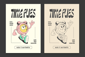 Wall Mural - retro poster or graphic t-shirt design with an alarm clock mascot cartoon character, vector illustration