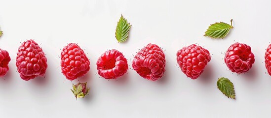 Poster - A row of raspberries showcased on a white backdrop with copy space image.