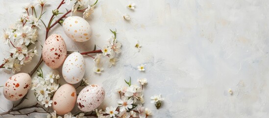 Leinwandbilder - View from above of a simple natural Easter greeting card concept adorned with eggs and spring flowers, featuring copy space image.