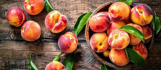 Poster - Top view of peaches in a bowl on a rustic wooden table with copy space image.